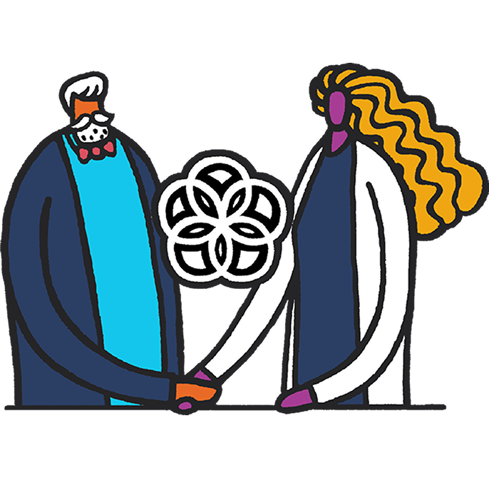 Character illustration representing partners by Wenceslao Almazán. A man shaking hands with a woman in a lab coat