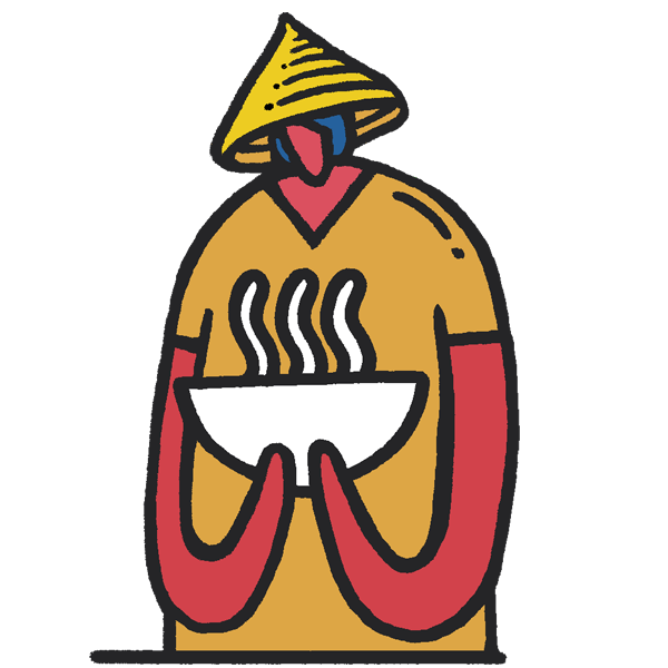 Character illustration representing hunger by Wenceslao Almazán. A person dressed in yellow with a bowl of noodles