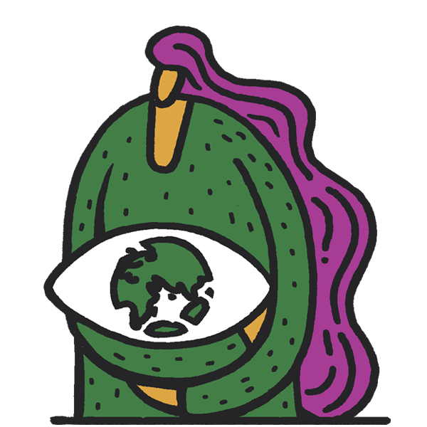 Character illustration representing climate action by Wenceslao Almazán. A women dressed in green with cradling an eye with the pupil being a globe