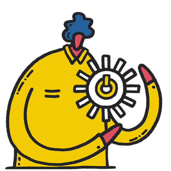 Character illustration representing energy by Wenceslao Almazán. A person dressed in yellow holding a sun